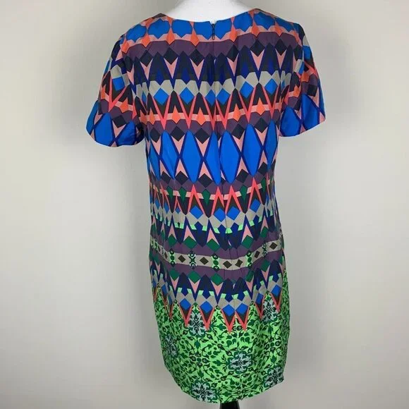 J. Crew Womens Shift Dress Geometric Multicolor Size 6 Short Sleeve Zip Silk - Picture 2 of 11
